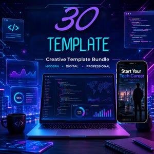 Pode incluir: Um gráfico digital com o texto 30 TEMPLATE Creative Template Bundle MODERN DIGITAL PROFESSIONAL. A imagem mostra um portátil com código e gráficos de dados, um smartphone com o texto Start Your Tech Career e uma caneca de café.