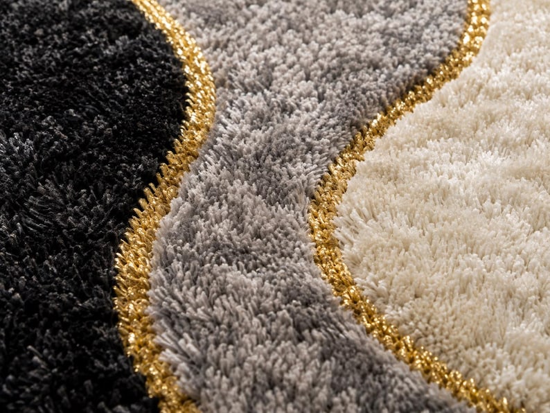 Hand-tufted Wool Area Rug, Abstract Wave Black Grey Cream Gold Accent ...