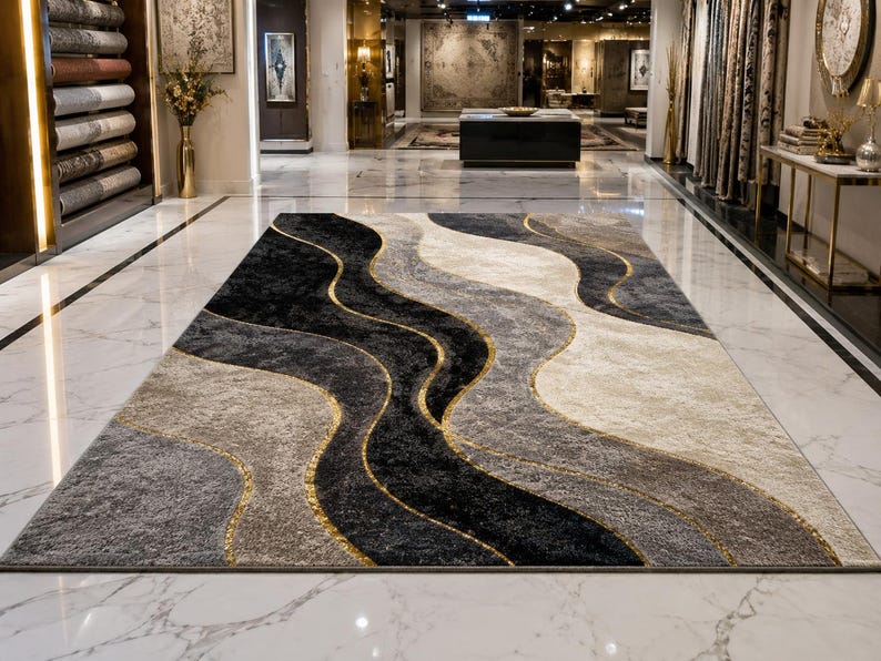Hand-tufted Wool Area Rug, Abstract Wave Black Grey Cream Gold Accent ...