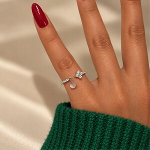 Anello in argento sterling 925 con quadrifoglio, goccia d'acqua e zirconi, anello aperto, gioiello a forma di fiore a quattro foglie, anello delicato da donna, regalo elegante