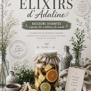 Peut inclure: Une couverture de livre intitulée Les ÉLIXIRS d'Adaline montrant un bocal en verre rempli d'agrumes et d'herbes, surmonté d'un couvercle en tissu. La couverture contient du texte sur les boissons fermentées et des illustrations botaniques.