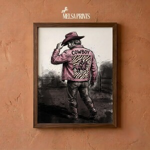 Pink Cowboy Jacket Art, Zebra Patch Western Print, Tipping Hat Rodeo Poster, Modern Ranch Decor, Man Cave Gift, Country Home