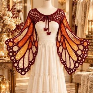 May include: A cream-colored sleeveless dress paired with a crocheted shrug featuring wide, wing-shaped sleeves. The shrug is designed with a butterfly wing pattern in shades of deep red, orange, and cream, and includes a tie-front closure with butterfly charms.