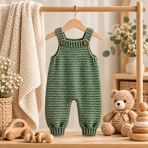 Op de afbeelding: Een saliegroene gehaakte romper met een geribbelde halslijn en beenboorden, voorzien van twee bruine houten knopen op de schouderbanden. Het kledingstuk is gemaakt met een consistent horizontaal steekpatroon voor een textuur.