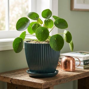 Może przedstawiać: Roślina Pilea peperomioides o okrągłych, ciemnozielonych liściach w głębokim, turkusowym ceramicznym doniczce z pionowymi żebrowaniami i pasującą podstawką. Doniczka posiada jednolitą, rowkowaną fakturę na całej zewnętrznej powierzchni.