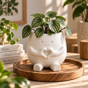 Whimsical Mustache Face Planter, Smiling Indoor Pot, Desk Decor (Cream)