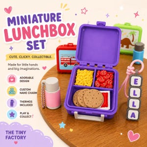 May include: A miniature purple lunchbox set containing small food replicas including yellow shredded items, red circular pieces, and three brown round crackers. Includes a pink and grey thermos, a red fire truck lunchbox, and a name charm reading ELLA.