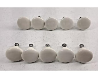 Vintage Lot of 10 White Porcelain Drawer Pull Knobs Round 1.25 inch with Screws
