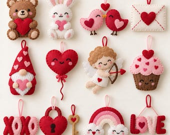 May include: A collection of twelve felt hanging ornaments featuring Valentine's Day themes including a brown bear, white rabbit, two birds, an envelope, a gnome, a heart balloon, a cupid, a cupcake, XOXO text, a heart lock, a key, a rainbow, and LOVE text.