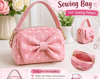 May include: A pink mini sewing bag with a white heart pattern and a large bow on the front. The bag features a top handle, gold-tone hardware, and a zipper closure. Text includes "Cute Bow Mini Sewing Bag", "PDF Sewing Pattern", and "Pattern Includes: Step-by-step instructions, Printable pattern pieces, Easy to follow, Beginner friendly".