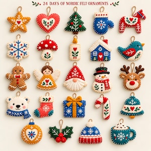 Könnte beinhalten: Eine Sammlung von 24 nordischen Filzornamenten in verschiedenen weihnachtlichen Formen, darunter Stern, Herz, Baum, Fäustling, Pferd, Schneeflocke, Pilz, Kerze, Haus, Vogel, Lebkuchenfigur, Engel, Wichtel, Schneemann, Rentier, Bär, Socke, Geschenk, Zuckerstange, Glocke, Kugel, Stechpalme, Mütze und Tasse mit dem Text 24 DAYS OF NORDIC FELT ORNAMENTS.