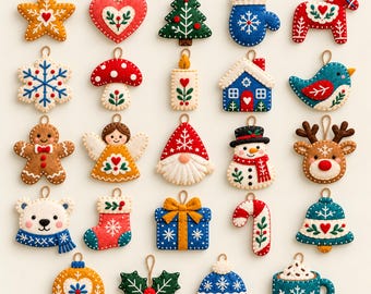 Könnte beinhalten: Eine Sammlung von 24 nordischen Filzornamenten in verschiedenen weihnachtlichen Formen, darunter Stern, Herz, Baum, Fäustling, Pferd, Schneeflocke, Pilz, Kerze, Haus, Vogel, Lebkuchenfigur, Engel, Wichtel, Schneemann, Rentier, Bär, Socke, Geschenk, Zuckerstange, Glocke, Kugel, Stechpalme, Mütze und Tasse mit dem Text 24 DAYS OF NORDIC FELT ORNAMENTS.