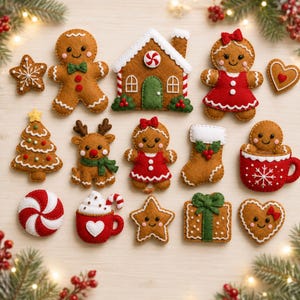 May include: A collection of felt Christmas ornaments including gingerbread people, a gingerbread house, a reindeer, a Christmas tree, a stocking, a mug with a gingerbread person, a peppermint candy, a gift box, stars, and a heart.