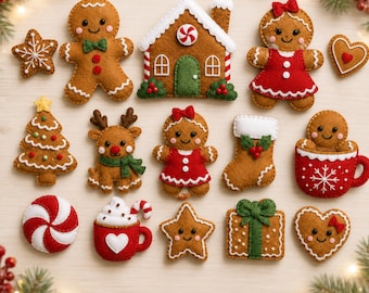 May include: A collection of felt Christmas ornaments including gingerbread people, a gingerbread house, a reindeer, a Christmas tree, a stocking, a mug with a gingerbread person, a peppermint candy, a gift box, stars, and a heart.