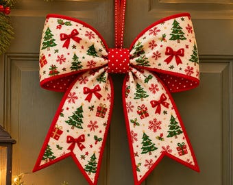 May include: A large decorative bow made of off-white fabric featuring a repeating pattern of green Christmas trees, red gift boxes, red bows, and red snowflakes. The bow has a red piped edge and a central knot with a white polka dot pattern.