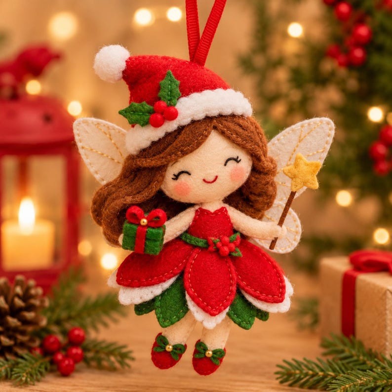K&ouml;nnte beinhalten: Ein Filz-Feen-Anh&auml;nger mit roter Weihnachtsm&uuml;tze, wei&szlig;em Rand und Stechpalme, einem roten Kleid mit bl&uuml;tenblattartigen Schichten und gr&uuml;nen Schuhen. Die Fee hat braunes Haar, wei&szlig;e Fl&uuml;gel und h&auml;lt ein kleines gr&uuml;nes Geschenk sowie einen Sternenstab.