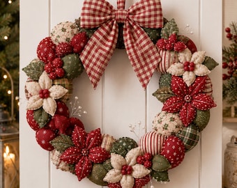 May include: A circular fabric wreath featuring a large red and white gingham bow at the top. The wreath is constructed from stuffed fabric spheres and star-shaped flowers in shades of red, dark green, and cream, accented with small red berries.