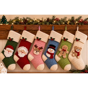 May include: Six crocheted Christmas stockings hanging in a row. Each stocking features a cream-coloured cuff with a small holly applique. The stockings are green, red, pink, blue, light green, and cream, decorated with Santa, reindeer, snowman, gingerbread, and bear.