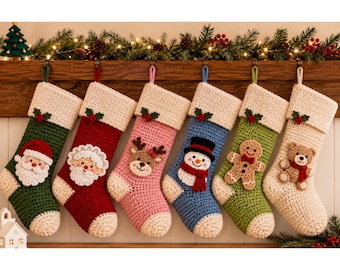 May include: Six crocheted Christmas stockings hanging in a row. Each stocking features a cream-colored cuff with a small holly applique. The stockings are green, red, pink, blue, light green, and cream, decorated with Santa, reindeer, snowman, gingerbread, and bear.