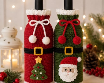 May include: Two wine bottle covers made of crocheted yarn. One cover is red with a white drawstring, a black belt with a yellow buckle, and a green Christmas tree. The other cover is green with a red drawstring, a black belt, and a Santa face.