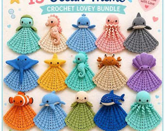 May include: A collection of 15 ocean-themed crochet lovey blankets featuring various sea creatures including a shark, crab, seahorse, stingray, and jellyfish. The text 15 Ocean Theme CROCHET LOVEY BUNDLE is displayed at the top of the image.
