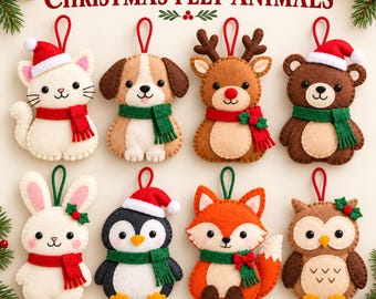 Könnte beinhalten: Acht Weihnachtsanhänger aus Filz in Form von Katze, Hund, Rentier, Bär, Hase, Pinguin, Fuchs und Eule. Jedes Tier trägt einen roten oder grünen Schal, einige haben Weihnachtsmützen auf. Der Text lautet CHRISTMAS FELT ANIMALS und 8 Ornament Designs.