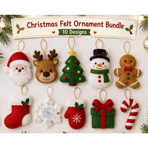 Puede incluir: Un conjunto de 10 adornos navideños de fieltro que incluyen un Santa, reno, árbol, muñeco de nieve, hombre de jengibre, calcetín, copo de nieve, manopla, regalo y bastón de caramelo. El cartel superior dice Christmas Felt Ornament Bundle 10 Designs.