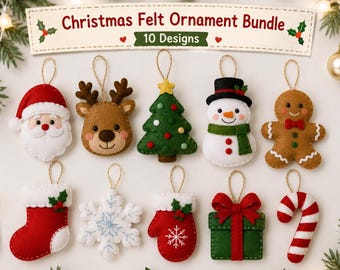 Könnte beinhalten: Ein Set aus 10 Filz-Weihnachtsanhängern mit Weihnachtsmann, Rentier, Baum, Schneemann, Lebkuchenmann, Socke, Schneeflocke, Fäustling, Geschenk und Zuckerstange. Das Banner oben trägt die Aufschrift Christmas Felt Ornament Bundle 10 Designs.
