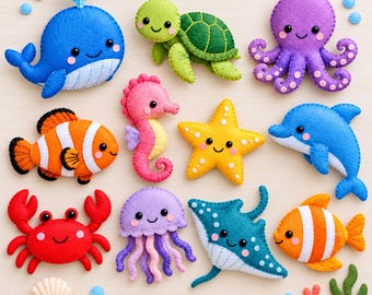 May include: A collection of felt sea creature ornaments including a blue whale, green turtle, purple octopus, orange clownfish, pink seahorse, yellow starfish, blue dolphin, red crab, purple jellyfish, teal stingray, seashell, and green seaweed.