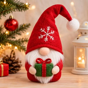 Op de afbeelding: Een kabouterfiguur met een hoge rode vilten muts met een witte pompon en een wit geborduurde sneeuwvlok. De kabouter heeft een lange witte baard, een ronde neus en houdt een klein groen cadeautje vast dat is gestrikt met een rood lint.