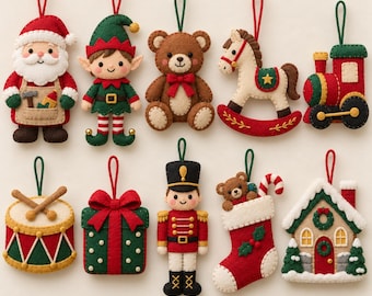 May include: A set of ten felt Christmas ornaments featuring a Santa Claus, an elf, a brown teddy bear, a rocking horse, a train, a drum, a gift box, a nutcracker, a stocking with a bear, and a house, all with green hanging loops.