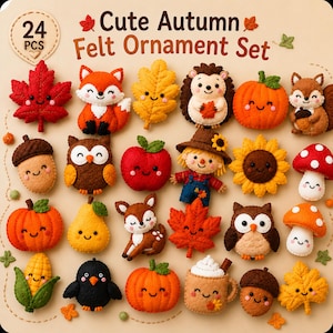 Può includere: Un set di 24 ornamenti in feltro con graziosi motivi autunnali tra cui volpi, gufi, zucche, funghi, girasoli, ghiande, foglie, uno spaventapasseri e una tazza di cacao, tutti con faccine sorridenti ricamate su sfondo beige.