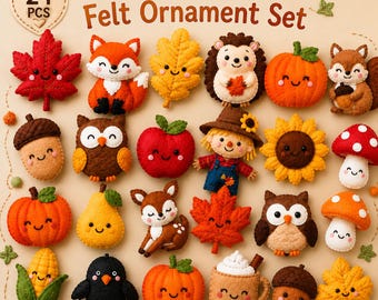 May include: A set of 24 felt ornaments featuring cute autumn-themed designs including foxes, owls, pumpkins, mushrooms, sunflowers, acorns, leaves, a scarecrow, and a mug of cocoa, all with embroidered smiling faces on a light tan background.