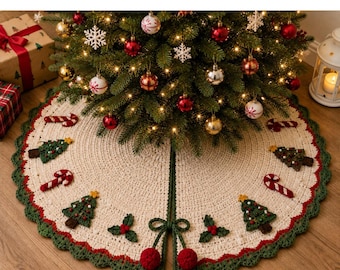 May include: A round, cream-colored crocheted Christmas tree skirt featuring a scalloped green border. The skirt is decorated with appliqués of green Christmas trees, red and white candy canes, and holly leaves, finished with two red pom-poms.