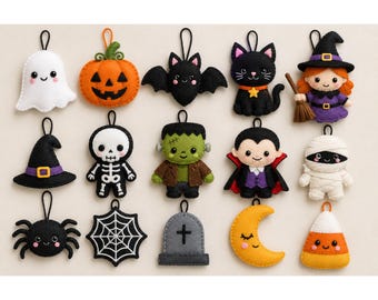 May include: A collection of fifteen felt Halloween ornaments featuring a white ghost, orange pumpkin, black bat, black cat, witch, black hat, skeleton, Frankenstein monster, vampire, mummy, black spider, spiderweb, tombstone, moon, and candy corn.