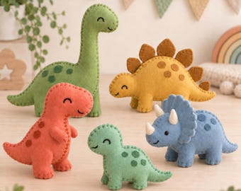 May include: A collection of four felt dinosaur plush toys. The set includes a tall green long-necked dinosaur, a yellow stegosaurus with brown plates, a small orange theropod, a light green dinosaur, and a blue triceratops with white horns.