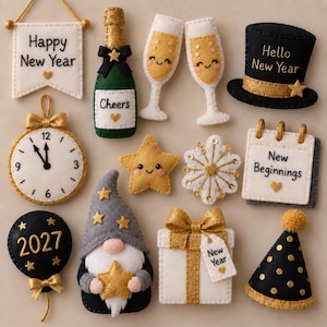 May include: A collection of felt New Year ornaments including a banner reading Happy New Year, a champagne bottle, two glasses, a top hat, a clock, a star, a snowflake, a calendar, a 2027 balloon, a gnome, a gift box, and a party hat.