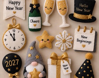 May include: A collection of felt New Year ornaments including a banner reading Happy New Year, a champagne bottle, two glasses, a top hat, a clock, a star, a snowflake, a calendar, a 2027 balloon, a gnome, a gift box, and a party hat.