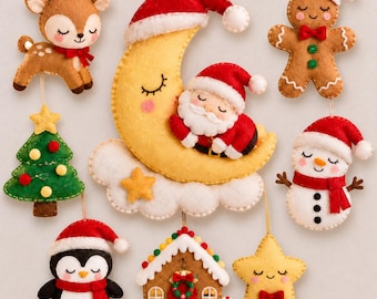 May include: A collection of felt Christmas ornaments featuring a sleeping Santa on a yellow crescent moon, a brown reindeer, a gingerbread person, a green Christmas tree, a snowman, a penguin, a gingerbread house, and a yellow star.