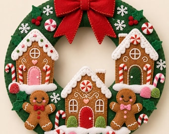 May include: A circular dark green felt wreath decorated with three gingerbread houses, two gingerbread people, a large red felt bow at the top, white felt snowflakes, red and white peppermint candies, and green holly leaves with red berries.
