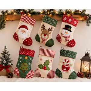 May include: Six Christmas stockings featuring festive appliqués including Santa Claus, a reindeer, a snowman, a Christmas tree, holly leaves with berries, and a candy cane. Each stocking has a unique cuff pattern and toe design in red, green, and white.