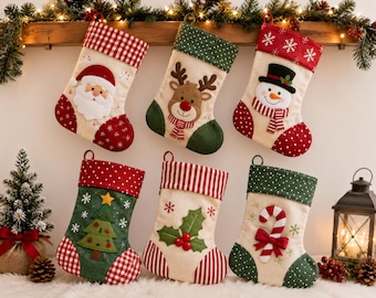 May include: Six Christmas stockings featuring festive appliqués including Santa Claus, a reindeer, a snowman, a Christmas tree, holly leaves with berries, and a candy cane. Each stocking has a unique cuff pattern and toe design in red, green, and white.