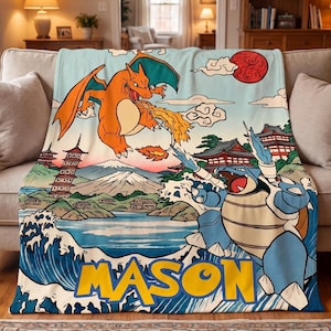 Personalized Anime Blanket, Custom Monster Throw, Fire Dragon vs Water Turtle, Evolution Fox, Gamer Boy Gift, Japanese Wave Kids Bedding