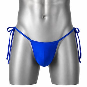 Bikini tanga azul para hombre, ropa interior de tiro bajo con lazos laterales, traje de baño de cobertura mínima