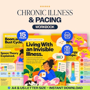 May include: A 15-page digital workbook titled Chronic Illness & Pacing, featuring colorful illustrations and text about energy management. Includes pages on the spoon theory, boom and bust cycles, and energy envelopes in A4 and US letter sizes.