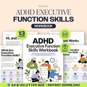May include: A digital ADHD Executive Function Skills Workbook featuring 13 pages in A4 and US Letter size. The cover displays the title, illustrations of people with a checklist, a clock, and a lightbulb, with text: Practical tools for a calmer, more organized you.