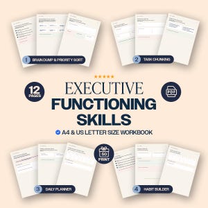 Puede incluir: Un libro de trabajo de 12 páginas sobre funciones ejecutivas en formato PDF, disponible en tamaños A4 y carta de EE. UU. El documento digital incluye secciones para lluvia de ideas y prioridades, desglose de tareas, planificación y hábitos.