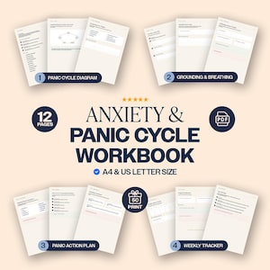 Puede incluir: Un libro de ejercicios de 12 páginas sobre ansiedad y ciclo de pánico en formato PDF, disponible en tamaños A4 y US Letter. El documento incluye secciones para un diagrama del ciclo de pánico, ejercicios de respiración y un plan de acción.