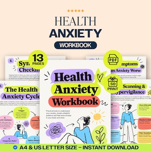 May include: A Health Anxiety Workbook digital document featuring 13 pages in A4 and US Letter size. The cover displays the title in bold text, a line-art illustration of a person, a sun, and abstract shapes in purple, yellow, and blue colors.