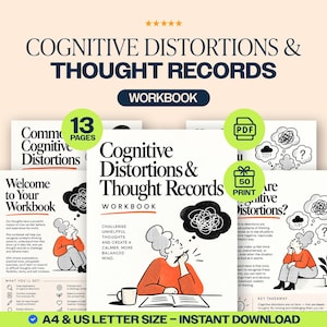 May include: A Cognitive Distortions & Thought Records workbook featuring 13 pages in A4 and US Letter size. The cover displays a person sitting at a desk with a coffee mug and an open book, accompanied by a thought bubble graphic.